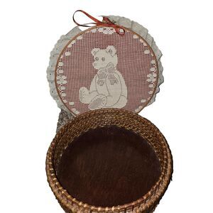 Vintage Sewing Basket w Lace Teddy Bear Ruffled Design Finely Woven Sew Storage